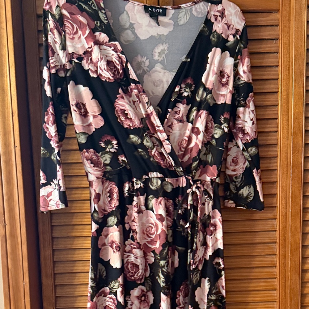 A. Byer Black and Pink Floral Long Sleeve Dress